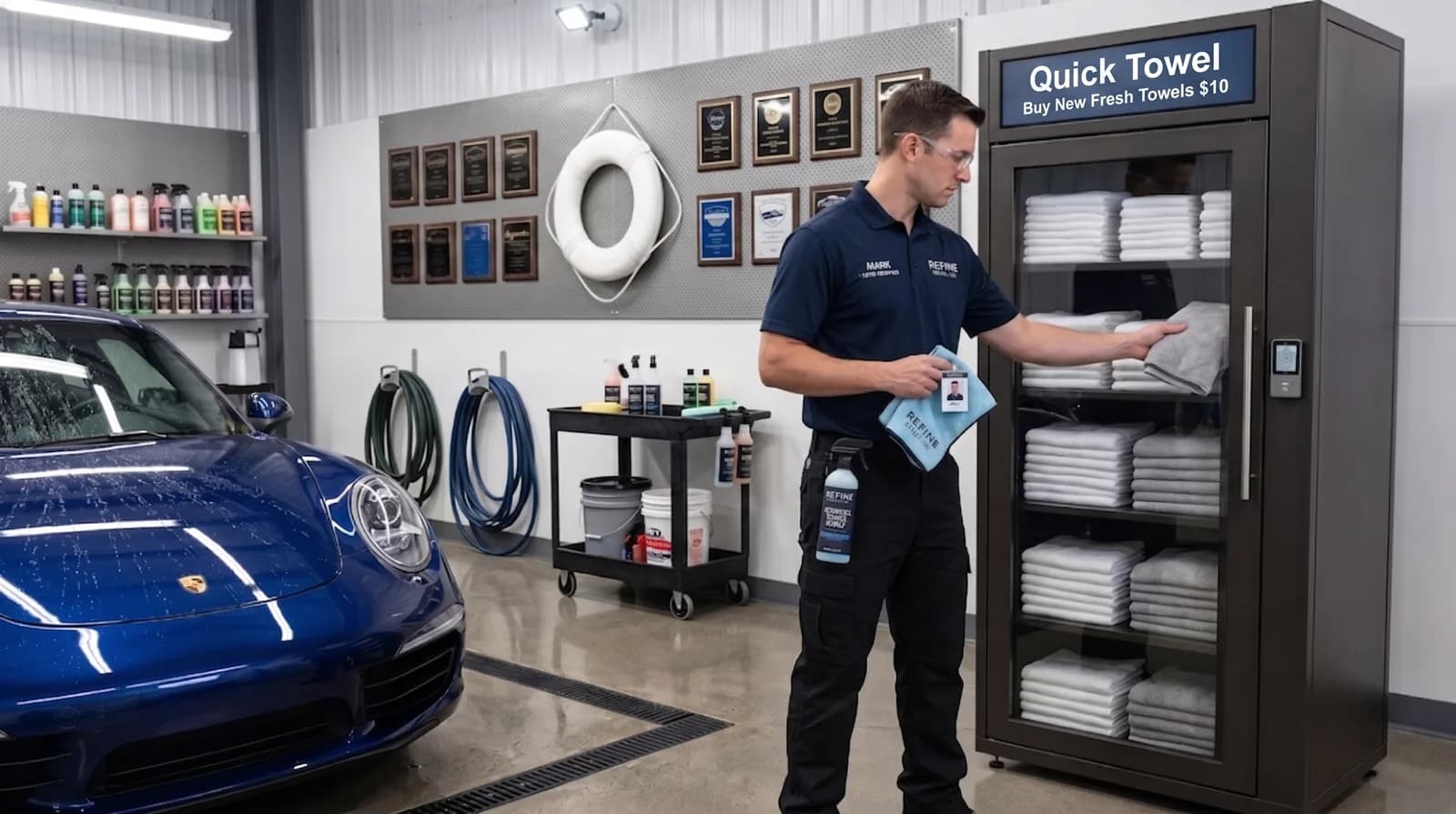 Towel vending machine in a premium car wash or detailing environment