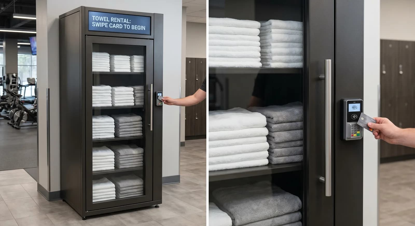 Single-door towel vending machine with LCD topper, cashless payment terminal, and neatly stacked towels inside