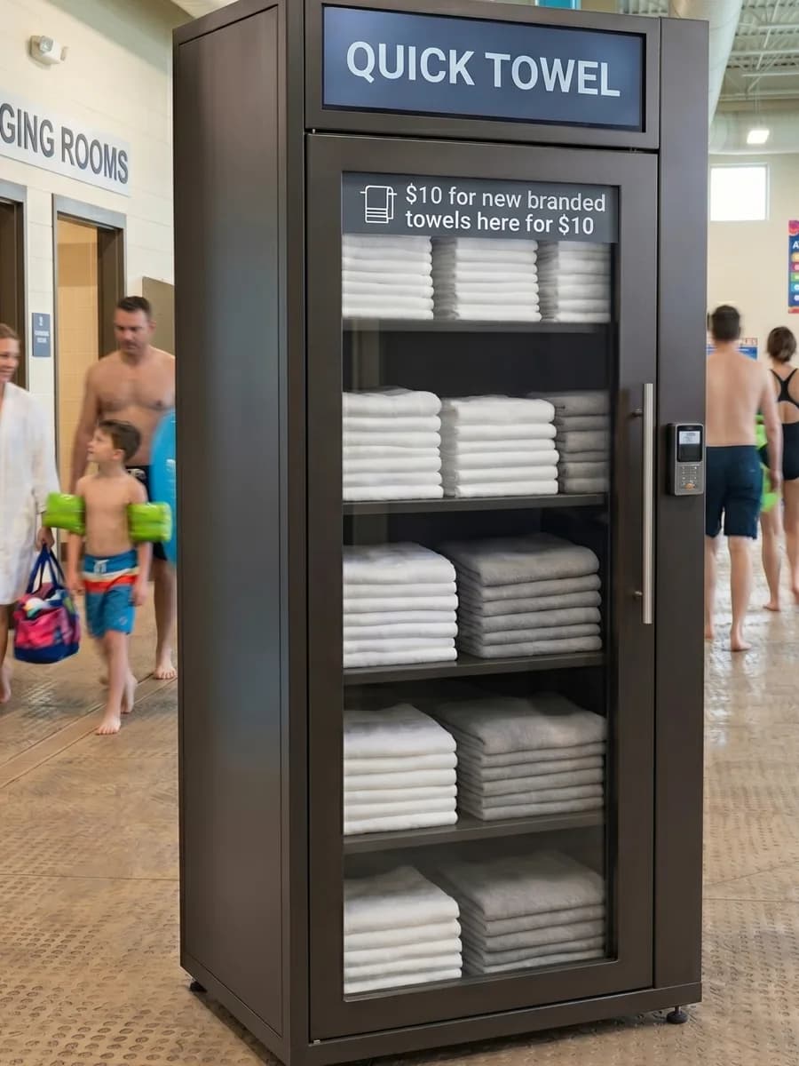 Portrait towel vending machine image in a busy waterpark or public pool setting