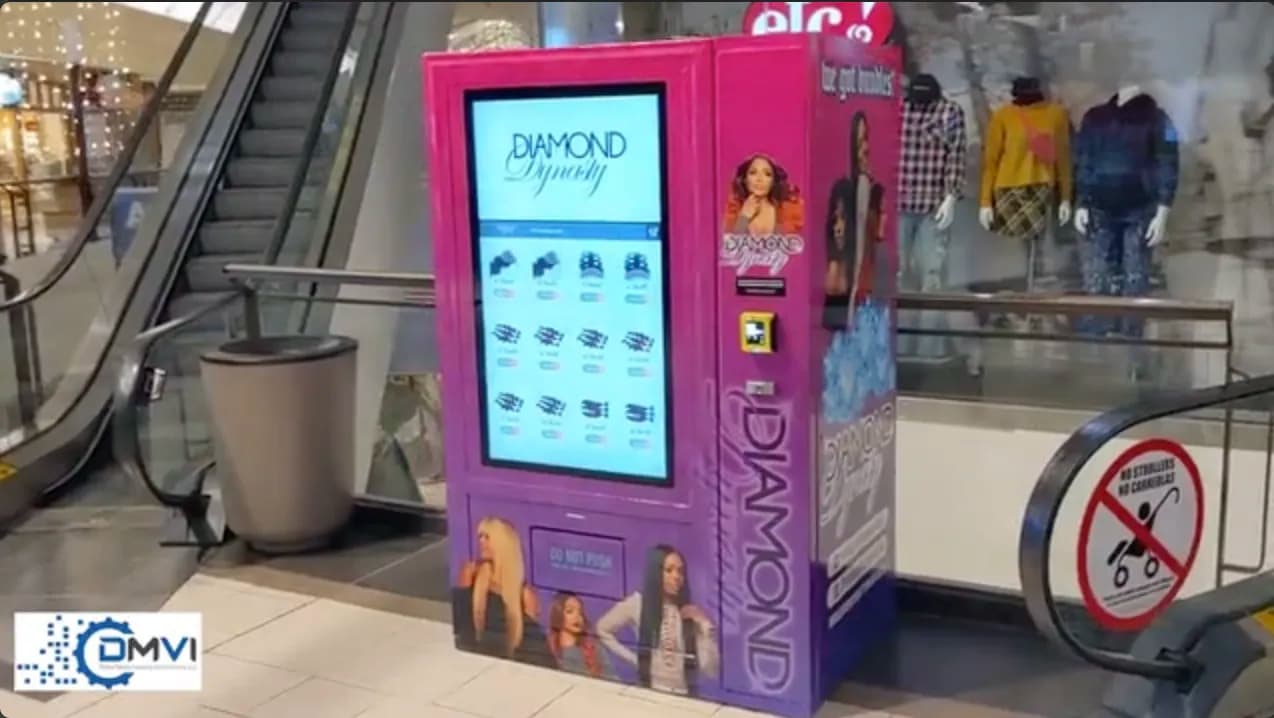 Premium hair vending machine in a retail environment
