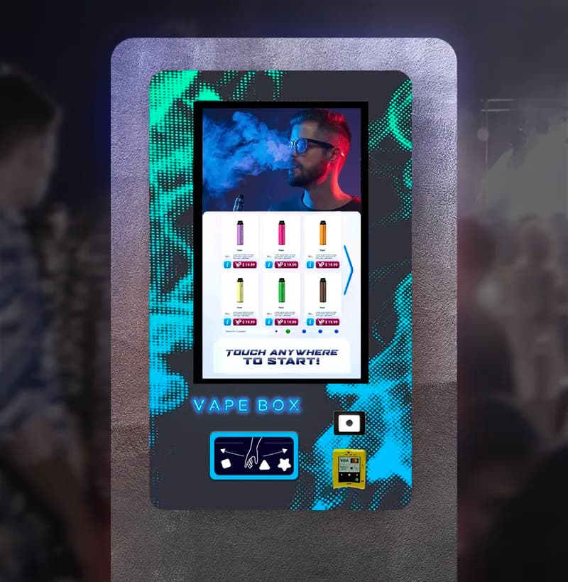 Compact vape vending machine cabinet in a nightlife environment
